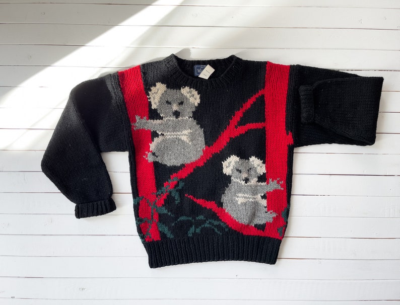 black wool sweater 80s 90s vintage Woolrich koala bear intarsia novelty sweater image 1