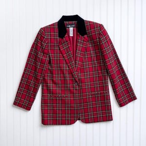vtg Sag Harbor red plaid black velvet collar wool blazer jacket