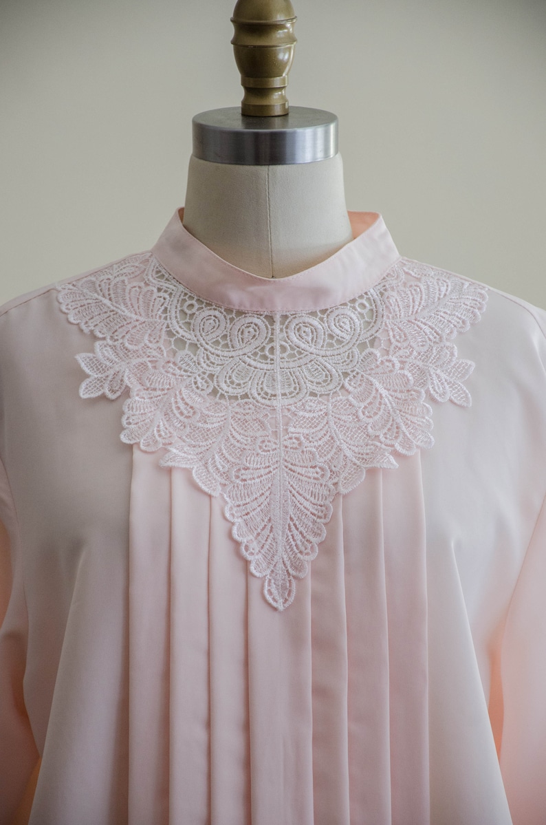 80s lace collar blouse silky pink Edwardian style high collar vintage blouse image 3