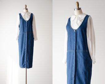 denim overall dress | 90s plus size vintage Carolina Blues loose oversized cottagecore dark academia jean pinafore dress