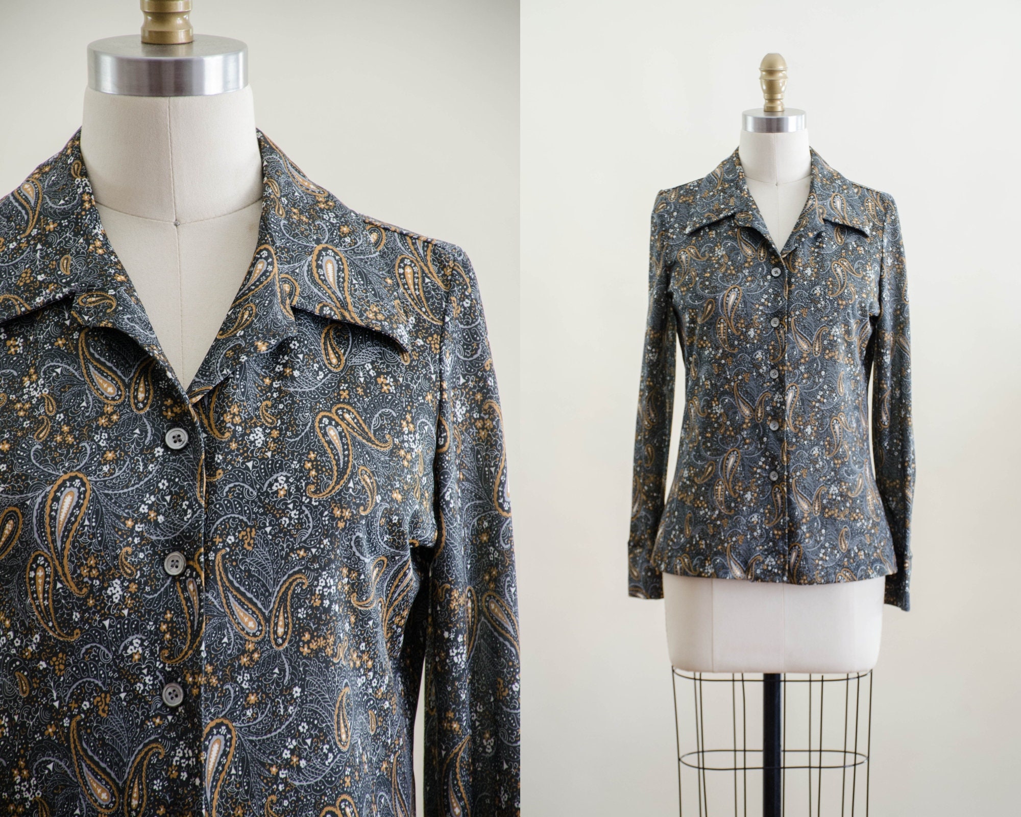 Black White Tan Paisley Blouse 70s 