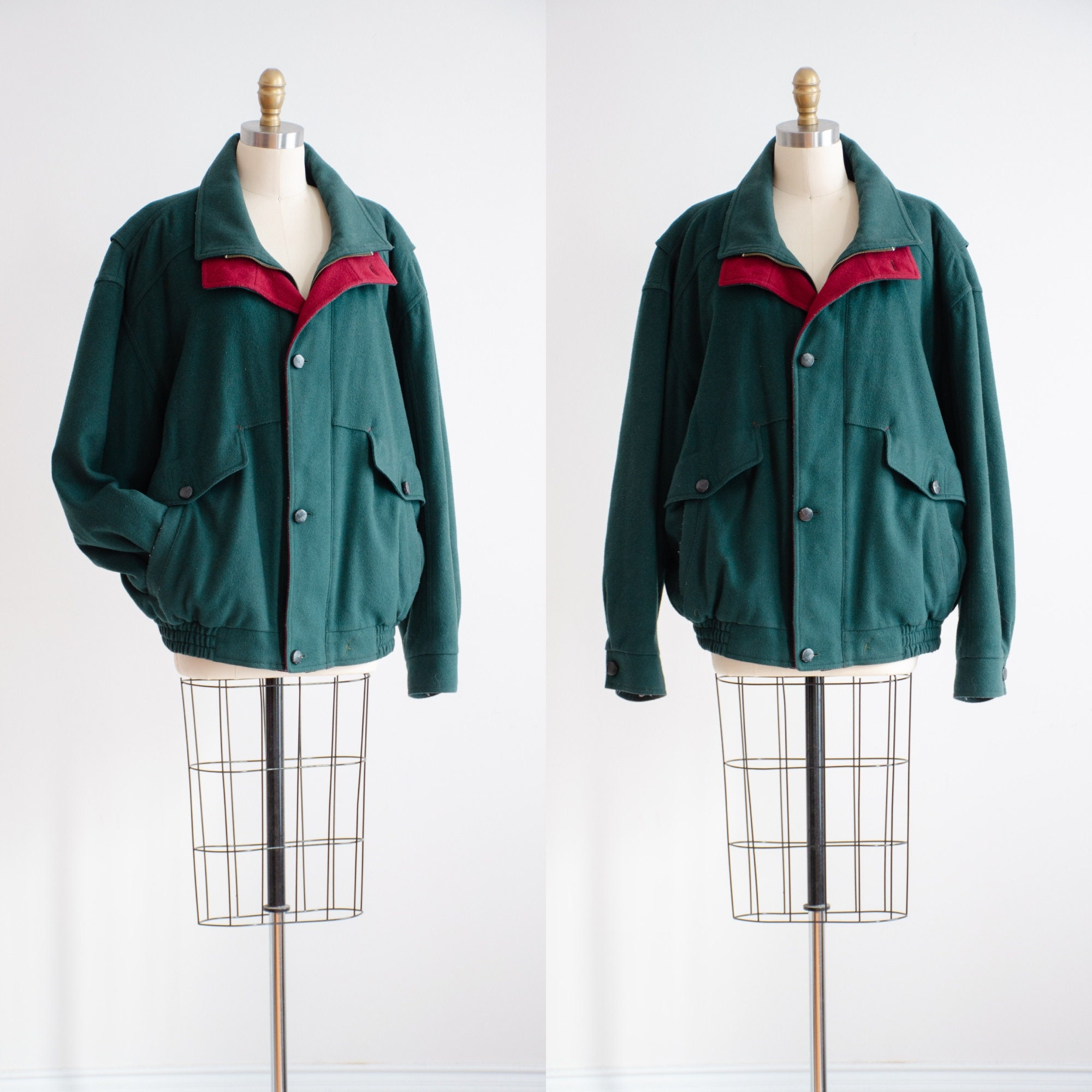 Green Wool Jacket 90s Vintage Dark Forest Green Men's Wool Coat