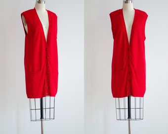 red knit pinafore dress 80s 90s vintage Paul Harris oversized long sweater vest mini dress