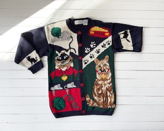 cat sweater 80s 90s The Eagle&#39;s Eye kitten novelty cottagecore intarsia embroidered cardigan