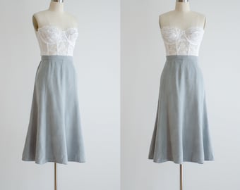 vegan suede midi skirt | 90s vintage light gray microsuede faux leather fit and flare skirt