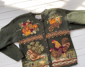 cottagecore sweater 90s vintage green chicken farm hand knit embroidered cardigan