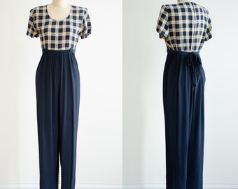 wide leg jumpsuit 90s vintage navy blue beige plaid short sleeve jumpsuit