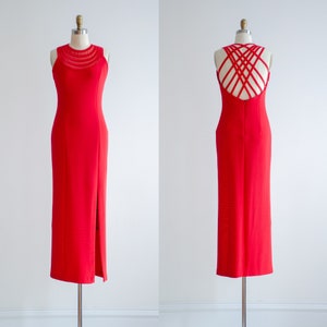 long red dress 90s vintage tight stretchy low back evening gown