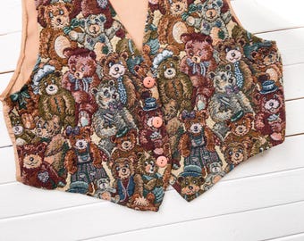 Teddy Bear Tapestry Vest 80s 90s Vintage Facets Embroidered
