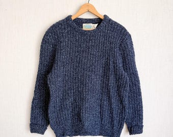 Royal North Mills Pullover Wollmischung Gerippte Stricken Mittelblau Rundhalsausschnitt