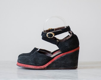 black suede wedges | 70s vintage Thom McAn black red leather ankle strap high heel wedge shoes size 6.5