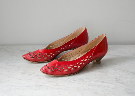 red leather kitten heel shoes