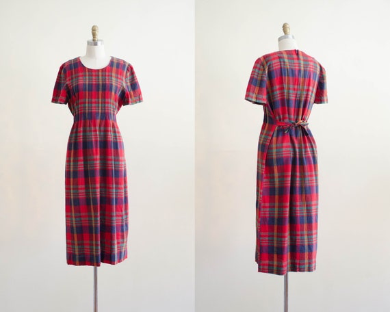 red plaid midi dress | plaid tie back dress
