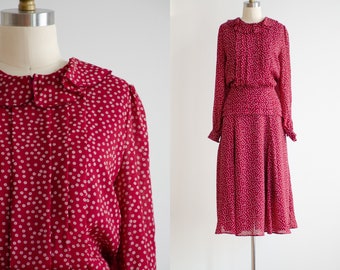 cute cottagecore dress 80s 90s vintage Nancy Johnson red burgundy chiffon flowy midi dress
