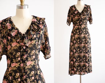 cute cottagecore dress 90s y2k vintage sheer black floral chiffon corset midi dress