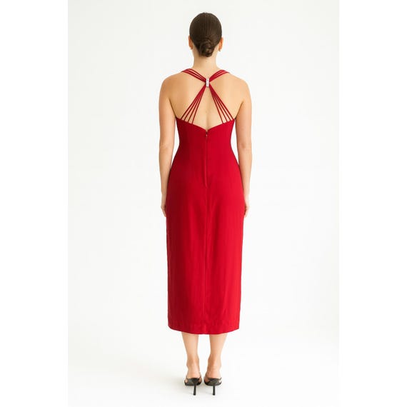 open lace back dress Barbra Red Cross Straps Bodycon Mini Dress with Bubble Hem (Archive Sa main image 0