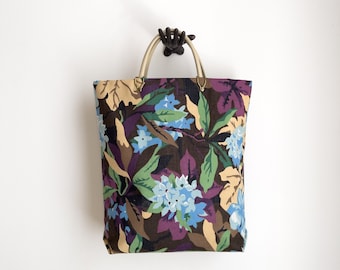 floral tote bag 60s vintage cottagecore purple green blue large handbag purse