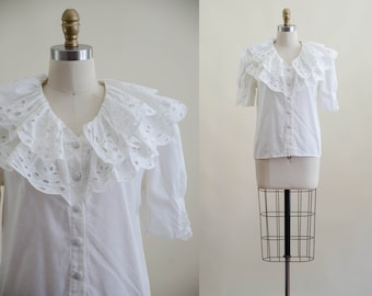 white ruffled collar blouse | 80s vintage dramatic eyelet lace collar puff sleeve Victorian antique style light academia clothing