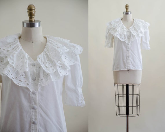 white ruffled collar blouse | 80s vintage dramati… - image 1