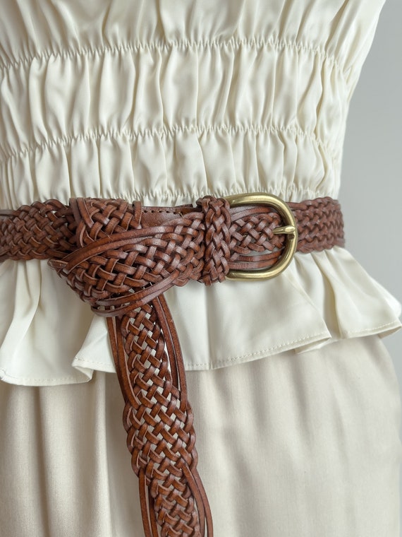 braided leather belt 90s vintage brown woven leat… - image 4