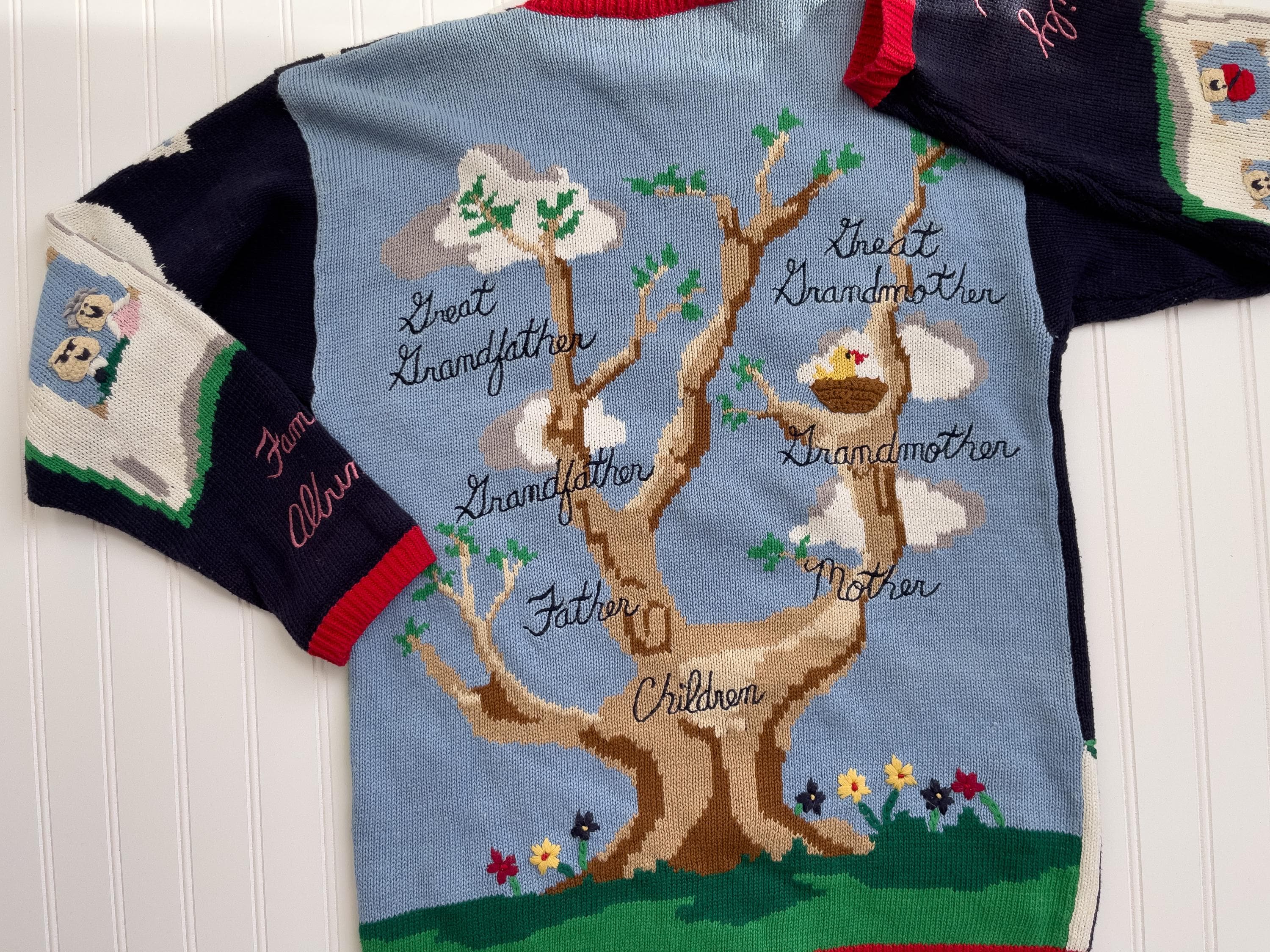 希少　EAGLE'S EYEヴィンテージニットベスト　牛柄とても可愛い Vtg Eagles Eye Family Tree Genealogy Novelty Hand Knit Cardigan
