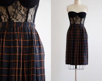 black plaid skirt 80s 90s vintage Neiman Marcus black burnt orange grid pattern silk skirt