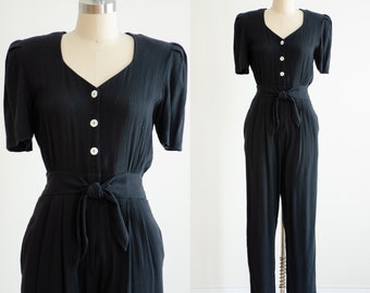 black jumpsuit 90s vintage short sleeve straight leg jumpsuit