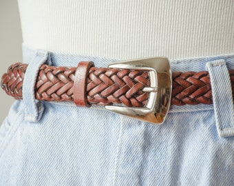 brown braided leather belt | 90s vintage woven leather belt