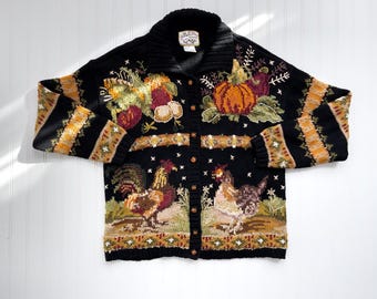 コテージコアセーター、90年代ヴィンテージ、ブラック、チキンファーム、手編み、刺繍カーディガン