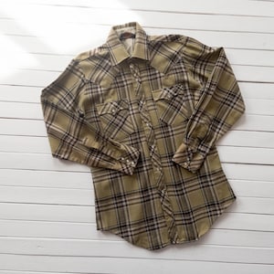 western plaid shirt | 60s 70s vintage Sportsman Western cowboy tan brown plaid unisex men&#39;s women&#39;s heavy woven button down