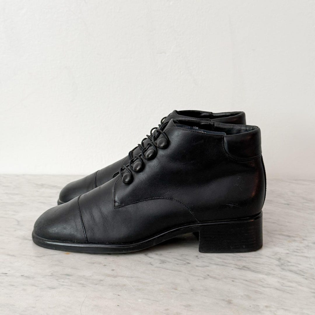 Bugle Leather Ankle Boots Vintage Button Lace up 7.5M Black Cap Toe ...