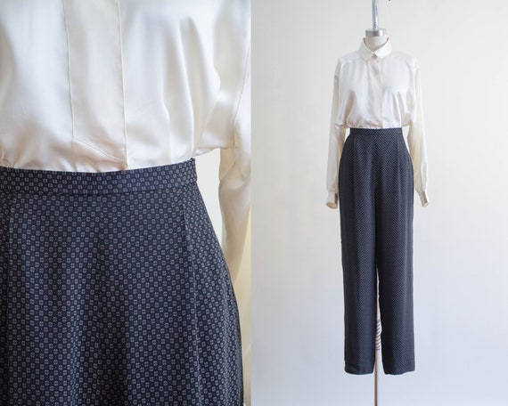 high waisted pants | black patterned trousers