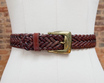 brown braided leather belt | 90s vintage woven leather belt