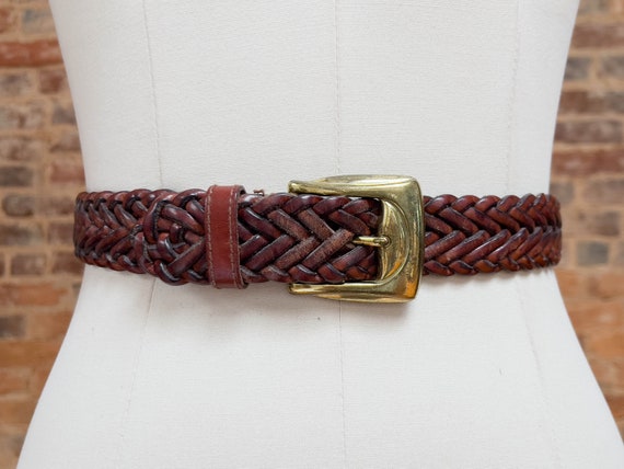 Brown Braided Leather Belt 90s Vintage Woven Leather Belt 