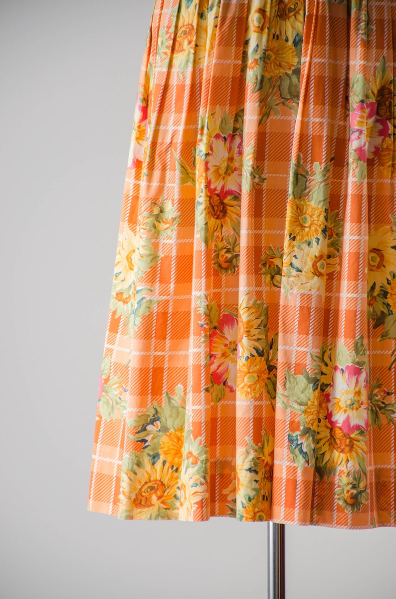 cute cottagecore skirt 80s 90s vintage orange yellow white sunflower plaid cotton midi skirt image 2