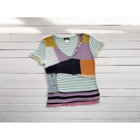 Christian Lacroix, vtg Bazar Christian LaCroix designer patchwork embroidered short sleeve sweater