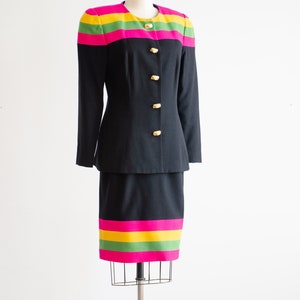 black wool suit 80s vintage hot pink lime green yellow striped skirt suit image 7