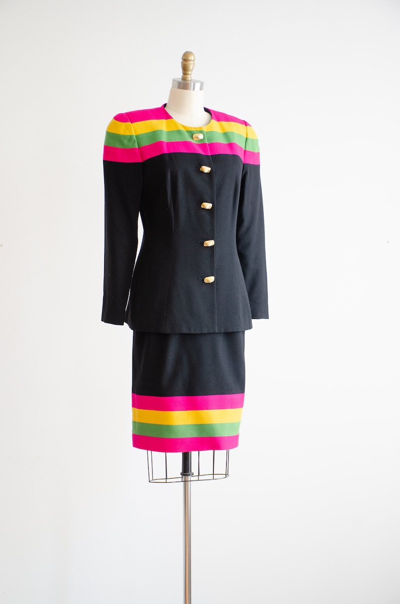 black wool suit 80s vintage hot pink lime green yellow striped skirt suit image 7