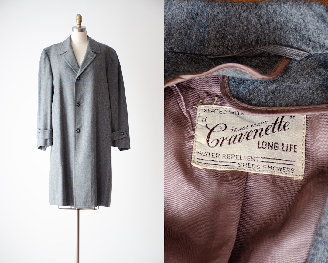 Gray Plaid Coat | 50s Vintage Cravenette Light Gray Blue Wool