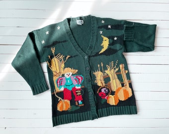 cottagecore sweater 80s 90s vintage forest green witchy moon farm scarecrow embroidered cardigan