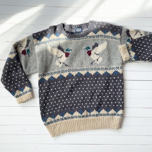 Duck Wool Sweater 80s 90s Vintage Woolrich Gray Cream Intarsia