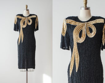 schwarzes partykleid 80er jahre vtg carina seide perlen pailletten gold schleifenkleid