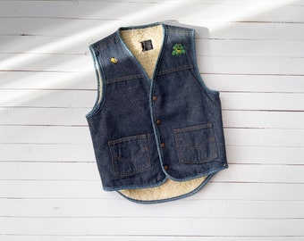 denim patchwork vest | 70s vintage blue jean faux shearling cute frog bee patches boho hippie vest