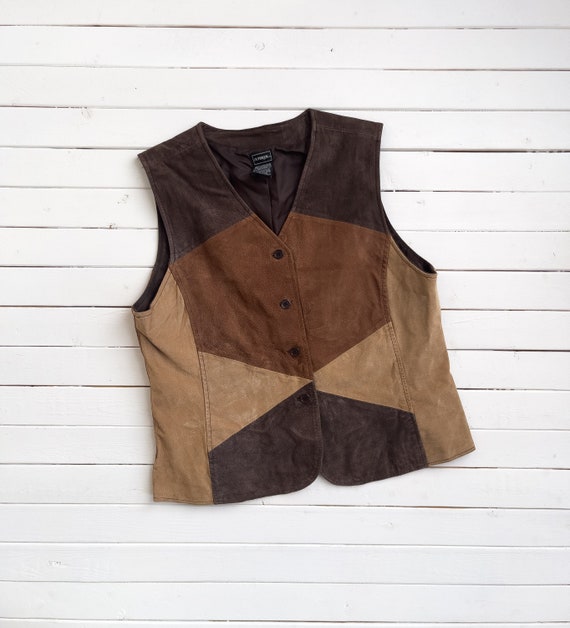 patchwork leather vest 90s vintage brown tan suede wa… Gem