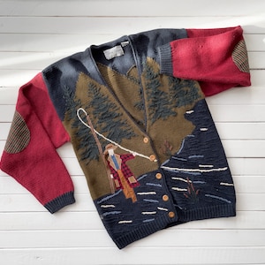 cottagecore sweater vtg Sharon Young red green blue fishing hand knit cardigan