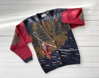 cottagecore sweater vtg Sharon Young red green blue fishing hand knit cardigan