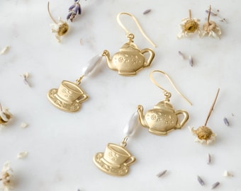 gold teapot pearl earrings, cute cottagecore jewelry, delicate dainty vintage teacup charm earrings, unique gift for her