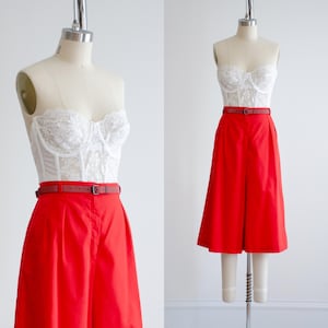 wide leg cropped pants 80s vintage red cotton knee length shorts culottes