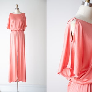 pink maxi dress 70s vtg silky salmon goddess sleeve floor length party prom gown