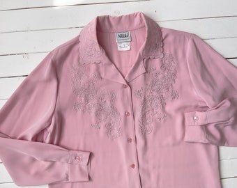 cute cottagecore blouse 80s 90s vintage pink embroidered blouse